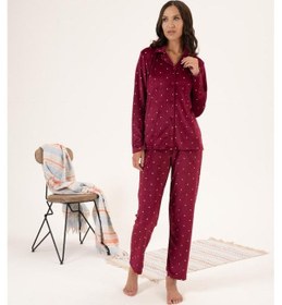 Resim Estiva Yıldız Desen Önden Düğmeli Kadife Kadın Pijama Takım 001 