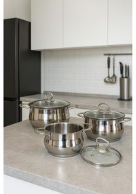 Resim Yunusoğlu Home Elora Paslanmaz Çelik 6 Parça Tencere Güveç Seti 1.20 L X 1.60 L X 2.20 Litre Yanmaz Yapışmaz Taban Gri 