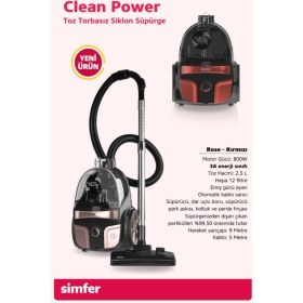 Resim 800 W Toz Torbasız Elektrikli Süpürge, Kırmızı, Güçlü ve Hafif Tasarım 