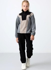 Resim TOMMY LIFE TOMMYLIFE Koyu Bej Kalın Yumuşak Dokulu Oversize Nakışlı Polar Kız Çocuk Sweatshirt, T16KG-75153 