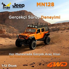 Resim MN Model MN128 1/12 Jeep Wrangler Rubicon 4WD RC Model Crawler Offroad Truck Turuncu Uzaktan Kumandalı Araba - Dahili Işık Seti 