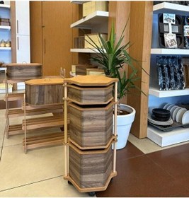 Resim Ahşap Altıgen Tekerlekli Kahve Sebzelik 3 Katlı Yana Açılır Patates Soğan Sarımsak Kahverengi 