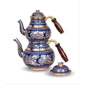 Resim Lacivert Seramik Boya Kaplama Gül Çiçek Bakır Çaydanlık 