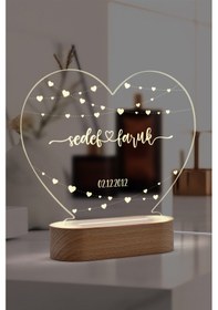 Resim Çiftler İçin Minik Kalp Motifli Kişiye Özel Ledli Gece Lambası Masif Ahşap Tabanlı Usb Kablolu Pleksiglass Led Gece Lambası 