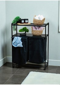 Resim Dekoratif Kirli Sepetli Banyo Dolabı 2 Raflı 2 Bölmeli Çamaşır Sepeti Banyo Düzenleyici Organizer Siyah 