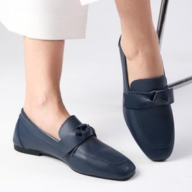 Resim Mio Gusto Candy Hakiki Deri Lacivert Renk Fiyonk Aksesuarlı Küt Burunlu Kadın Loafer Ayakkabı 