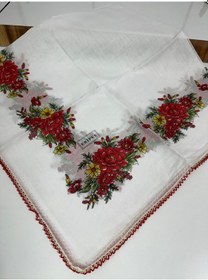 Resim Eripek Oyalı Pamuk Tülbent- 05091 - 95 X 95 / Kırmızı - Beyaz 11 Kırmızı - Beyaz 11 