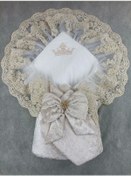 Resim Yenidoğan Saray Kadife Taç Nakışlı İnci Fiyonklu Çift Dantel Duvak Trilüks Kundak Bebek Battaniyesi Vizon-gold 