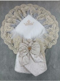 Resim Yenidoğan Saray Kadife Taç Nakışlı İnci Fiyonklu Çift Dantel Duvak Trilüks Kundak Bebek Battaniyesi Vizon-gold 