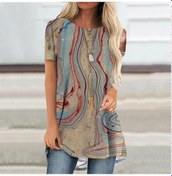 Resim Ten Rengi Büyük Beden Kadın Pembe Nehir Baskılı Rahat Kısa Kollu Yuvarlak Yaka T-shirt Rahat Baggy Orta Uzunluk Tee Kadınlar İçin Tops Ten Rengi 