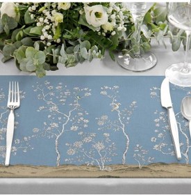 Resim Çiçek Tasarımlı Mavi Kumaş Amerikan Servis 4'lü Set Keten, Ulusl.yıkama Ve Solmama Sertifikası Çok Renkli 