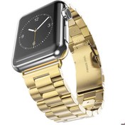Resim Apple Watch 44mm Uyumlu Kordon Paslanmaz Metal Baklalı Tasarım KRD-04 Kayış Gold 