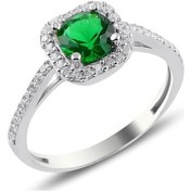 Resim Gümüş Rodyumlu Kök Zümrüt Taşlı Kare Yüzük 