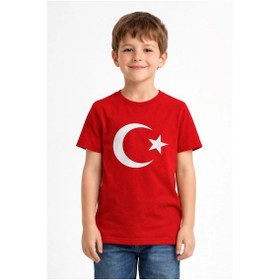 Resim Barlashive Erkek Çocuk Tişört Bisiklet Yaka Ay Yıldız Bayrak Baskılı T-shirt - Kırmızı Çok Renkli 