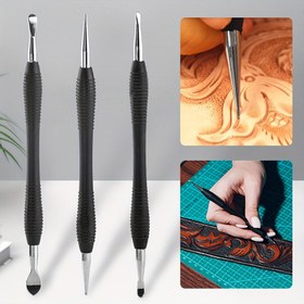Resim 3 Parça Hobbyworker Deri İşleme Modellendirme Aletleri, Deri Oyma Kaşıkları, Paslanmaz Çelik Oyma Parçaları, Dişli Kauçuk Saplı, DIY Deri Kenar Oyma ve Kesim Seti, Deri El Sanatları Aleti 