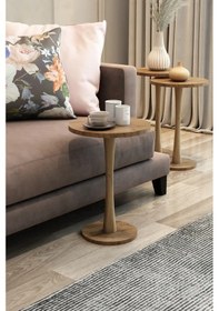 Resim 3'lü Zigon Ahşap Mantar Sehpa Seti Kahverengi 