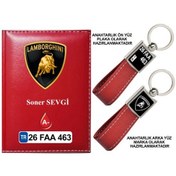 Resim Plakanıza Özel Lamborghını Logolu Kırmızı Ruhsat Kabı Ve Anahtarlık 