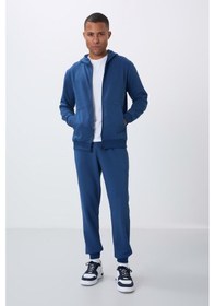 Resim Tommy Life Parlament Kompakt Pamuklu Kalın Pürüzsüz Dokulu Kapüşonlu Comfort Fit Erkek Eşofman Takım - 85262 Mavi 