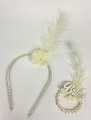 Resim Hobigram İncili Gelin Tacı 1 Adet Bride Tüylü Bileklik 1 Adet – Kına Eğlence Aksesuarı, Şık Tasarım – Kına E 