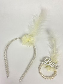 Resim Hobigram İncili Gelin Tacı 1 Adet Bride Tüylü Bileklik 1 Adet – Kına Eğlence Aksesuarı, Şık Tasarım – Kına E 