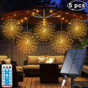 Resim 5 adet 480LED Güneş Yıldız Patlama Topu Işıkları, Uzaktan Kumandalı Zamanlayıcı, 8 Mod Ayarlanabilir Asılı Peri Işıkları, Bakır Tel Havai Fişek Işıkları, Bahçe Parti Çadırı Noel Saf Bakır Nikel Pil IPX4 