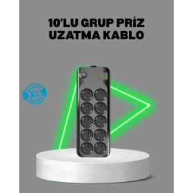 Resim Özbience Termal Akım Koruma 10’lu Priz Seti, USB Type-C Hızlı Şarj, 2500W, 2m Kablo 
