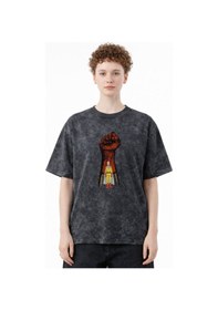 Resim One Punch Man Anime Baskılı Unisex Oversize Eskitme Yıkamalı Tişö Siyah 