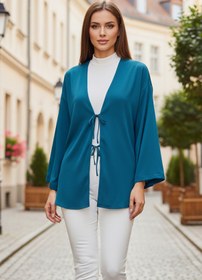 Resim Aişe tesettür Petrol Mavi Önü Bağlamalı Kimono Tunik / Likralı Yazlık Kumaş 