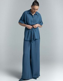 Resim Sateen Beli Bağlamalı Kimono Gömlek - İndigo 