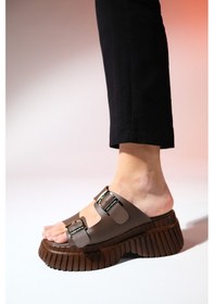 Resim Luvishoes Joanes Kahve Cilt Hakiki Deri Çift Bantlı Kadın Dolgu Taban Terlik Kahverengi 