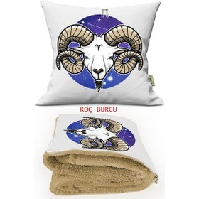 Resim Koç Burcu Baskılı Opsiyonel Battaniyeli Dekoratif Kırlent 36x36c 