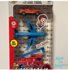 Resim İtfaiye Araç Seti Araba Uçak Ve İtfaiye 3 Lü Çek Bırak Araç Set- Mavi Su Dünyası Çok Renkli 