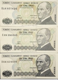 Resim Cumhuriyet İlk Dönemi 7. Emisyon 10 Türk Lirası. 3 Adet Değışık Harf Eski Para 