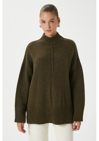 Resim Ritnice Kadın Wonder Yumuşacık Dik Yaka Haki Yırtmaçlı Oversize Triko Kazak Haki 