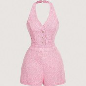 Resim Kadınların Zarif Pembe Kolsuz Jumpsuit, İnci Düğmeleri ile - V-Yaka, Düz Bacak, Kısa Uzunluk, Polyester, Ofis ve Günlük Giyim, Bahar/Yaz/Sonbahar Modası, Günlük Jumpsuit | Zarif Jumpsuit | Polyester Jumpsuit 