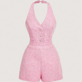 Resim Kadınların Zarif Pembe Kolsuz Jumpsuit, İnci Düğmeleri ile - V-Yaka, Düz Bacak, Kısa Uzunluk, Polyester, Ofis ve Günlük Giyim, Bahar/Yaz/Sonbahar Modası, Günlük Jumpsuit | Zarif Jumpsuit | Polyester Jumpsuit 