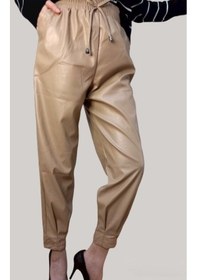 Resim Bej Renkli Beli Lastikli Deri Pantolon Altın 