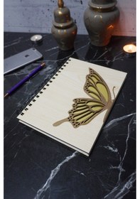 Resim Kelebek Desenli Ahşap Kapaklı Defter - Ajanda - Günlük - Çizgisiz Defter - A5 Notebook 