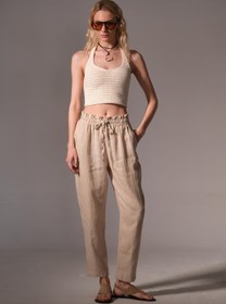 Resim %100 Hakiki Keten Havuç Kesim Bağcıklı Lastikli Kadın Pantolon @Valensiya - Bej / XL 