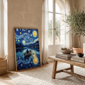 Resim Moonlit Lake Rowboat Print - Van Gogh-Style Night Fishing Cabin Wall Art - With Hanger - Wood / 24 x 36" (60x90 cm) 
