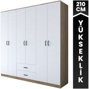 Resim Rani Mobilya Rani Ba111 Geniş Gardırop Elbise Dolabı 6 Kapaklı 2 Çekmeceli 5 Raflı 3 Askılı Sepet Ceviz - Beyaz 