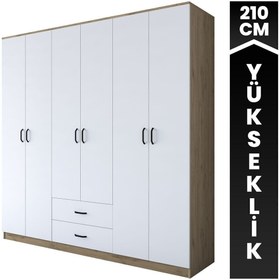 Resim Rani Mobilya Rani Ba111 Geniş Gardırop Elbise Dolabı 6 Kapaklı 2 Çekmeceli 5 Raflı 3 Askılı Sepet Ceviz - Beyaz 