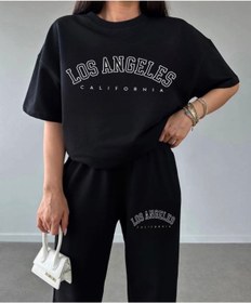 Resim DUBU BUTİK Los Angeles T-shirt Eşofman Altı Jogger -siyah Baskılı Alt Üst Eşofman Takımı Oversize Bisiklet Yaka 