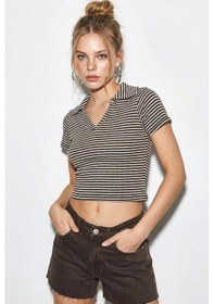 Resim Shade Kadın Polo Yaka Çizgili Kaşkorse Crop Basic T-shirt 60284011 - Kahverengi-bej Çok Renkli 