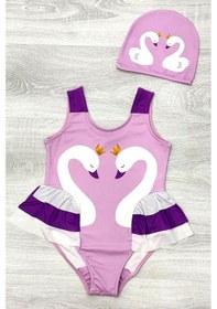 Resim My Kids Wear Zarif Kuğu Desenli Üç Kat Fırfır Detaylı Boneli Kız Çocuk Mayo Lacivert - Çok Renkli 