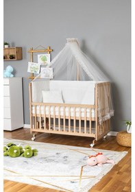 Resim Ahşap Beşik Anne Yanı Beşik Organik 70x130 - Beyaz Güpür Uyku Seti + Yataklı + Tekerlekli Ahşap 