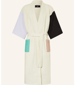 Resim Unisex Kimono, Renk Bloklu, Şal Yakalı, %60 Pamuk, 125 Cm Uzunluk Mor 