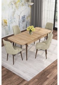 Resim Mona Meşe 80x132 Açılabilir Mdf Masa Yemek Odası Takımı, Mutfak Takımı 4 Adet Sandalye Meşe Masa - 4 Bej - Ceviz Ayak 