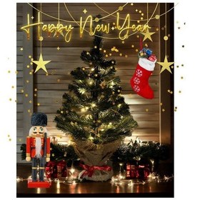 Resim Işıklı Yılbaşı Çam Ağacı Kütük Tabanlı Jüt Ipli Masaüstü Yeni Yıl Noel Ağacı 