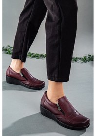 Resim Dilimler Ayakkabı Fermuarlı Cilt Bordo Kadın Günlük Dolgu Taban Ayakkabı-2209-Bordo 